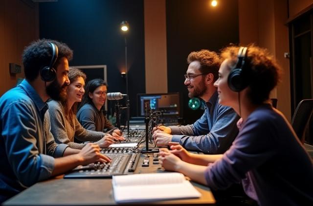 Sāgara Pods टीम स्टूडियो में काम कर रही है